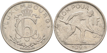 Люксембург 1 франк 1924 сталевар, Шарлотта KM 35 никель 4591-245