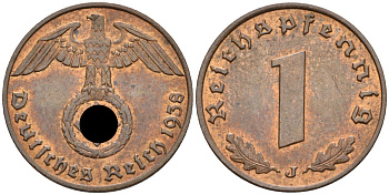 Германия 1 рейхспфенниг 1938 J, KM 89 бронза 214-717