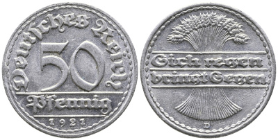 ГЕРМАНИЯ 50 ПФЕННИГОВ 1921 D KM 27, J. 301 алюминий 24-1015