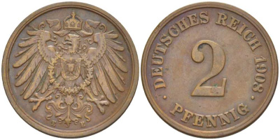 ГЕРМАНИЯ 2 ПФЕННИГА 1908 E KM 16, J. 11, Weege 4 медь 206-542