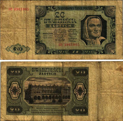 Польша 20 злотых 1948 женщина, торговые ряды в Кракове, 2 буквы в серии Pick 137 (2) бумага 7487-40-3