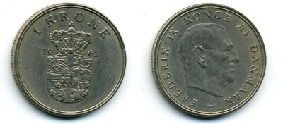 Дания 1 крона 1963 C;S, Фредерик IX (1947-1972) KM 851 медно-никель 56-412