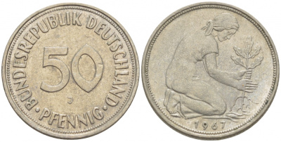 ФРГ 50 ПФЕННИГОВ 1967 J KM 109.1, J. 384 медно-никель 3996-1218
