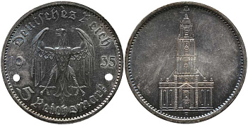 ГЕРМАНИЯ 5 РЕЙХСМАРОК 1935 A, КИРХА KM 83, J. 357 серебро 1515-1631
