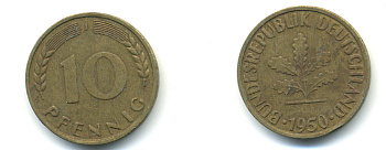 ФРГ 10 ПФЕННИГОВ 1950 J KM 108, J.383 сталь плакированная латунью 83-133