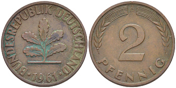 ФРГ 2 ПФЕННИГА 1961 D KM 106, J. 381 бронза 4181-728