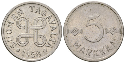 Финляндия 5 марок 1958 KM 37a железо плакированная никелем 4169-269