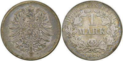 Германия 1 марка 1874 B Weege 17, J. 9, KM 7 серебро 98-1231