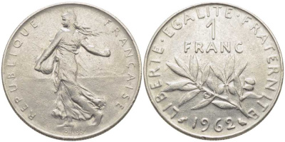 ФРАНЦИЯ 1 ФРАНК 1962 СЕЯТЕЛЬ KM 925.1, LE FRANC 226.7 никель 175-522