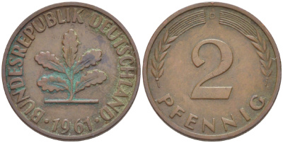 ФРГ 2 ПФЕННИГА 1961 D KM 106, J. 381 бронза 4181-728