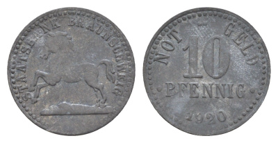 Брауншвейг 10 пфеннигов 1920 Funck 56.8, Men05 3477.2, Men18 4416.2 цинк 4643-1045
