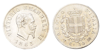 Италия 50 чентезимо 1863 T, Виктор Эммануил II (1861-1878), год-тип KM 4a.2 серебро UNC 00-815-77
