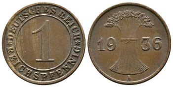 Германия 1 рейхспфенниг 1936 A KM 37, J. 313 бронза 220-131