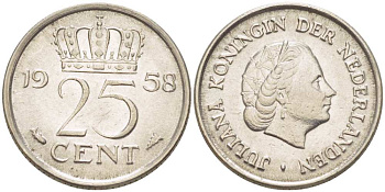 НИДЕРЛАНДЫ 25 ЦЕНТОВ 1958 КОРОЛЕВА ЮЛИАНА KM 183 никель 3955-152