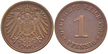ГЕРМАНИЯ 1 ПФЕННИГ 1907 A KM 10, J. 10, Weege 2 медь 211-348
