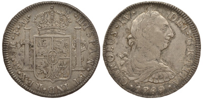 Мексика 8 реалов 1789 FM, монетный двор Mo (Мехико Сити), Карл IV Испанский (1788-1808), редкий год KM 106.2 серебро 00-00