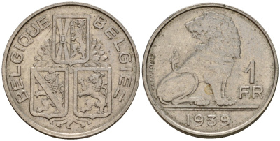 Бельгия 1 франк 1939 Belgique - Belgie KM 119 никель 4603-1251