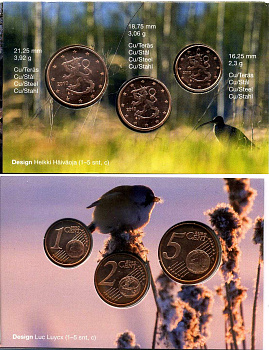Финляндия набор из 3 монет 2010 1, 2, 5 евроцентов, запайка, буклет сталь плакированная медью UNC 3-4-8-73