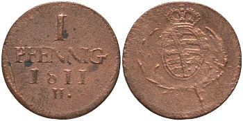 САКСОНИЯ 1 ПФЕННИГ 1811 H, ФРИДРИХ АВГУСТ I (1806-1827) KM 1070 медь 116-649