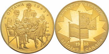 НИДЕРЛАНДЫ МЕДАЛЬ 1988 КОРОЛЕВА БЕАТРИКС, МОНДВОР УТРЕХТ, ОТТАВА 1943, КОРОЛЕВСКАЯ СЕМЬЯ В ИЗГНАНИИ, в оригинальной упаковке бронза UNC 3-4-2-18