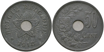 Бельгия 50 сантимов 1918 Альберт I (1909-1934) KM 83 цинк 4620-725