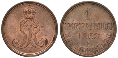 Ганновер 1 пфенниг 1863 B, Георг V KM 233, AKS 156, J. 90 медь 4594-446