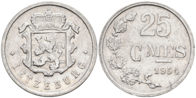 Люксембург 25 сантимов 1954 первый год KM 45а.1 алюминий    4596-126
