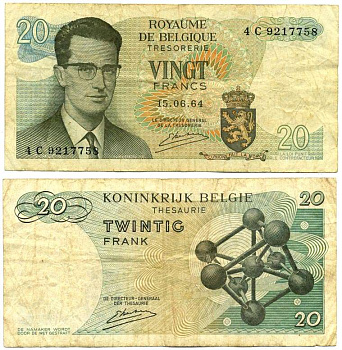 Бельгия 20 франков 1964 Бодуэн I, атомиум, Kestens Pick 138 (3) бумага 3295-66-2-1