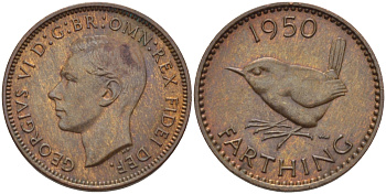 Великобритания 1 фартинг 1950 Георг VI (1936-1952) KM 867, Spink 4119 бронза UNC 100-244
