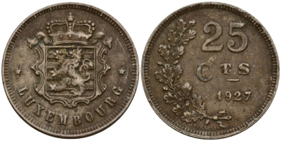 Люксембург 25 сантимов 1927 Шарлотта (1918-1964) KM 37 медно-никель 4577-831