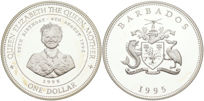 Барбадос 1 доллар 1994 94 года со дня рождения Королевы матери KM 57 серебро PROOF 1066-1-31-M11-09