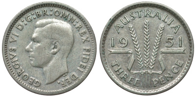 Австралия 3 пенса 1951 m, Георг VI (1937-1952), без букв KM 44 серебро 71-337