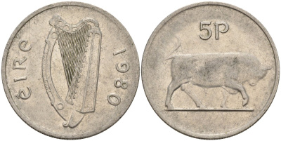 Ирландия 5 пенсов 1980 бык KM 22 медно-никель 4146-532