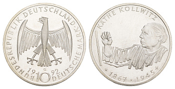 Германия 10 марок 1992 G, 125 лет со дня рождения Кете Кольвиц KM 178 серебро UNC 4634-1012