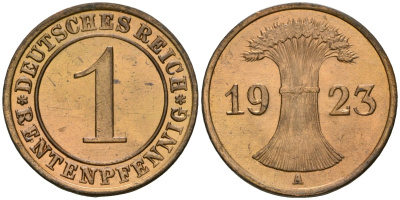 Германия 1 рентенпфенниг 1923 A KM 30, J. 306 бронза aUNC 1525-635