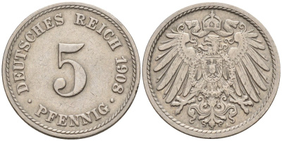 Германия 5 пфеннигов 1908 A KM 11, Jager 12, Weege 6 медно-никель 4151-468