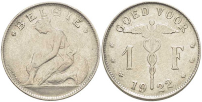 БЕЛЬГИЯ 1 ФРАНК 1922 BELGIE, АЛЬБЕРТ I (1909-1934) KM 90 никель 202-921