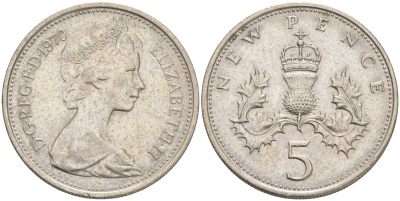 Великобритания 5 пенсов 1970 Елизавета II (1952-2022) KM 911, Spink 4233 (D1) медно-никель 4561-613