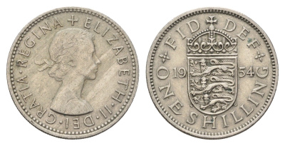 Великобритания 1 шиллинг 1954 Елизавета II (1952-2022), Английский герб KM 904, Spink 4147 медно-никель 4635-343