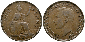 Великобритания 1 пенни 1940 Георг VI (1936-1952) KM 845, Spink 4114 бронза 73-931