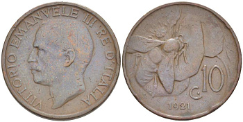 ИТАЛИЯ 10 ЧЕНТЕЗИМО 1921 R, МОНДВОР РИМ, ВИКТОР ЭММАНУИЛ III (1900-1946) KM 60 медь 4525-241