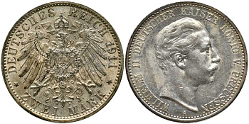 ПРУССИЯ 2 МАРКИ 1911 А, ВИЛЬГЕЛЬМ II (1888-1819) J. 102, Weege 101, KM 522 серебро 1515-1325