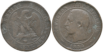 ФРАНЦИЯ 10 САНТИМОВ 1854 W, НАПОЛЕОН III (1852-1870) KM 771.7, LE FRANC 133.17 бронза 56-1433