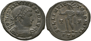 Римская Империя нуммий 310 - 313 Константин I Великий SOLI INVICTO COMITI Августа Треверов Extremely fine RIC 873 бронза 1073-11-66