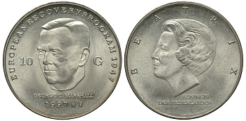 Нидерланды 10 гульденов 1997 Беатрикс (1980-2013), Джордж Маршалл KM 224 серебро UNC 413-3941