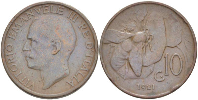ИТАЛИЯ 10 ЧЕНТЕЗИМО 1921 R, МОНДВОР РИМ, ВИКТОР ЭММАНУИЛ III (1900-1946) KM 60 медь 4525-241