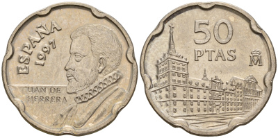 Испания 50 песет 1997 Хуан де Эррера, монастырь-дворец Эскориал KM 985 медно-никель    4597-156