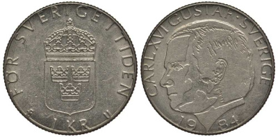 Швеция 1 крона 1984 U, Карл XVI Густав (1973- ) KM 852а медно-никель 113-815