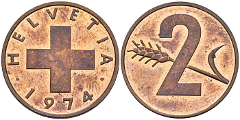 Швейцария 2 раппена 1974 KM 47 бронза UNC 4592-737