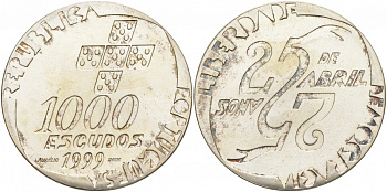 Португалия 1000 эскудо 1999 25 лет Апрельской революции KM 715 серебро UNC 1081-9-51